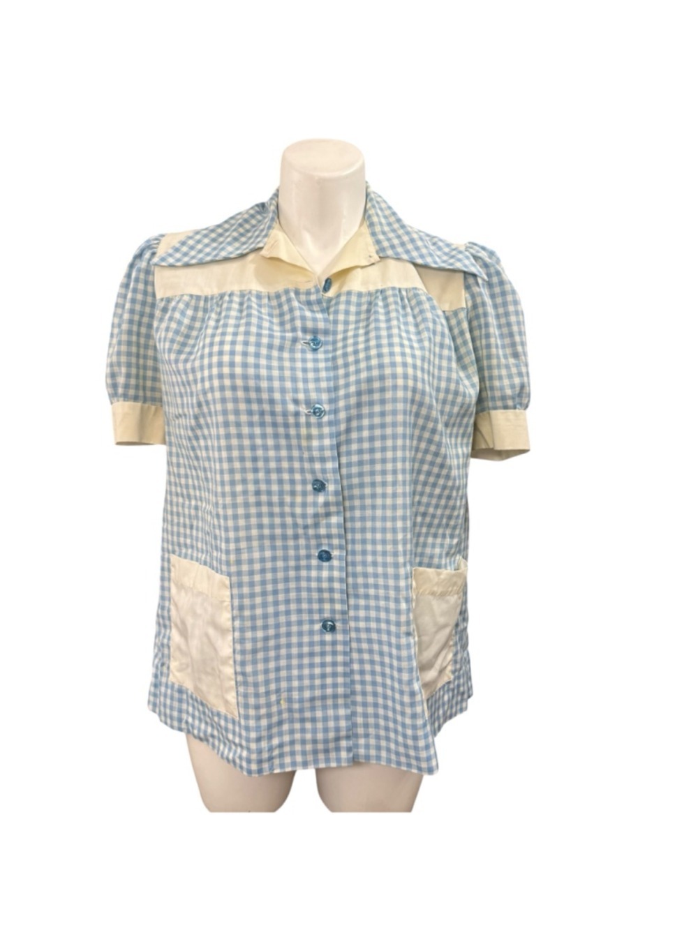Vintage Handmade House Smock Blouse Women's XL Blue White Gingham Button Front‎